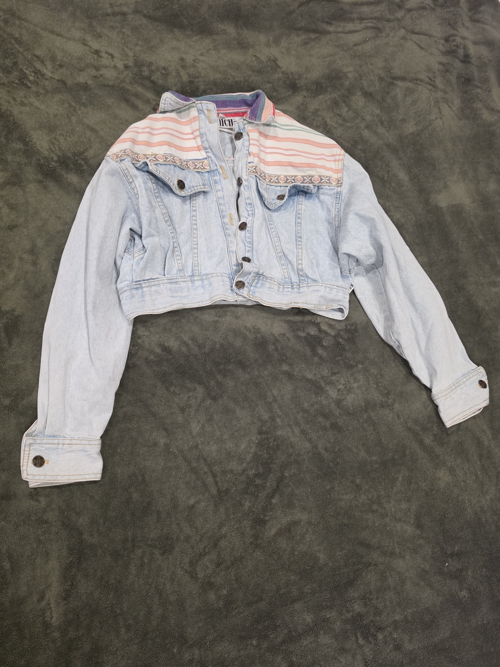 Switch USA Cropped Light Wash Denim Jacket with Colorful Striped Yoke